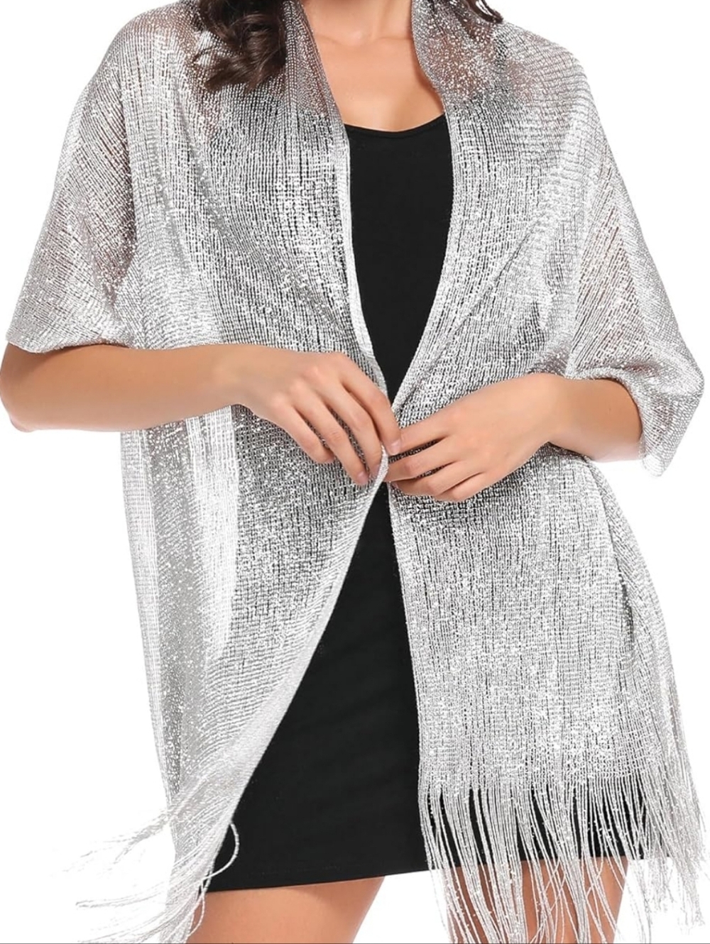 Silver Metallic Evening Shawl Wrap - Picture 3 of 4